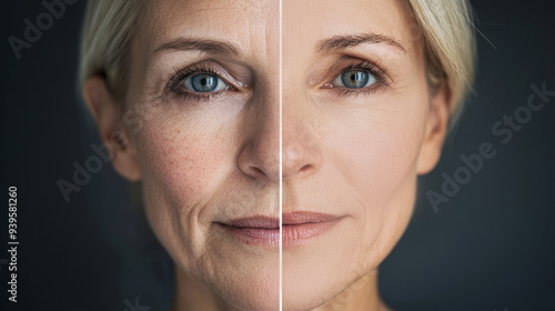 This captivating visual presents a woman's face divided in half, revealing the contrast between aging signs and skin rejuvenation, middle-aged girl before and after facelift and facial surgery, botox 