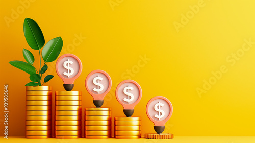 Stacks of golden coins rise alongside dollar sign markers against a bright yellow backdrop, symbolizing financial growth and prosperity in a cheerful atmosphere