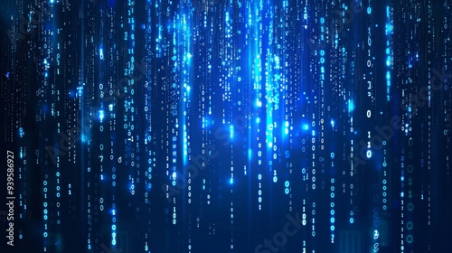 A high-tech image showing blue digital code rain, with binary numbers streaming down a dark background, symbolizing technology.