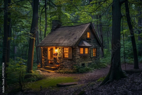 Cozy stone cottage with warm lighting illuminating the windows sits nestled in a clearing surrounded by trees