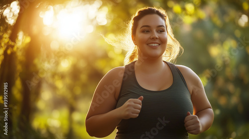 Close-up view of an overweight woman running through the park and smiling.