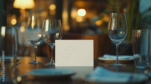 White blank space card on restaurant table background horizontal composition