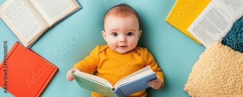 A joyful baby enjoys reading a colorful book surrounded by various children's books, fostering a love for learning.