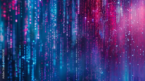 An abstract representation of a vertical flow of blue and pink particles resembling digital rain within a cyberspace environment, symbolizing data and technology.