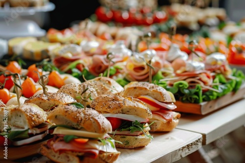 Elegant catering buffet table with delicious sandwiches canapes and appetizers for celebration event