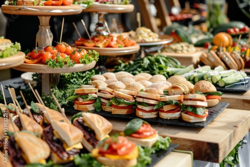 Elegant catering buffet table with delicious sandwiches canapes and appetizers for celebration event