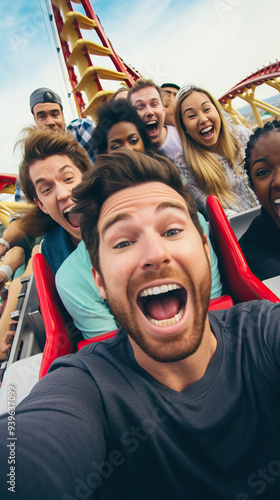 Group of people with big smiles riding a roller coaster at an amusement park.