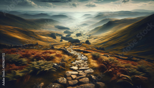 Winding Stone Path Downhill with Lush Ferns and Autumn Foliage, Overlooking a Misty Valley and Majestic Mountains at Sunset