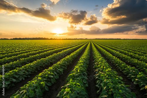 Landscape of a soybean plantation at dusk, under a sky adorned with intense clouds