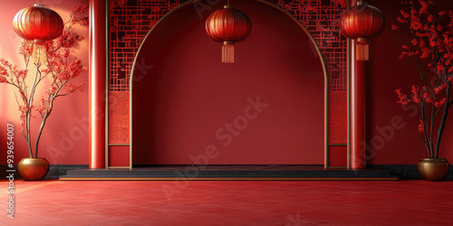 Interior of a chinese style room with a traditional stage decorated with red lanterns and plants for a double ninth festival celebration. Banner. Copy space