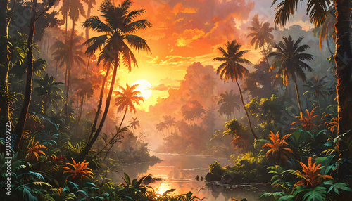 Coucher de soleil sur la jungle tropicale