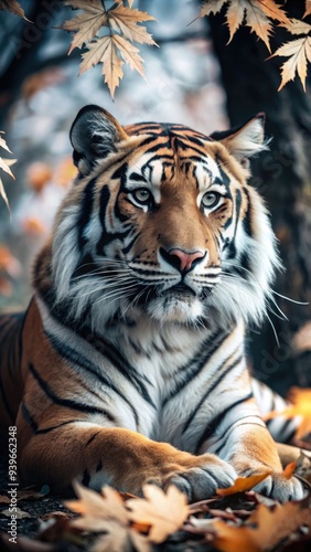 Beautiful fluffy tigress relaxing in autumn foliage with vibrant leaves around. Generative AI