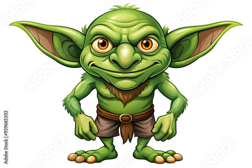 A friendly, cartoon goblin with big ears, a mischievous grin, and a green body. Perfect for fantasy projects, games, or children's illustrations.