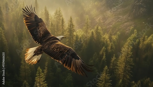 Majestic eagle soaring above a dense forest, early morning light, Wildlife Experience, Freedom in Flight