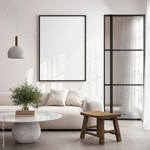 Frame mockup, ISO A paper size. Living room wall poster mockup. Interior mockup with house background. Modern interior design. 3D render 