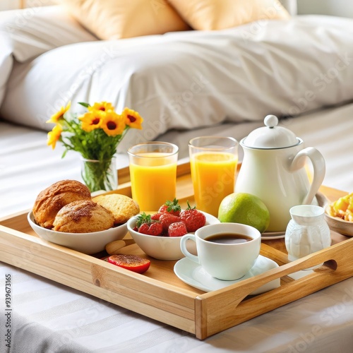 Delicious breakfast in bed with fresh fruits and pastries in the morning light. Generative AI