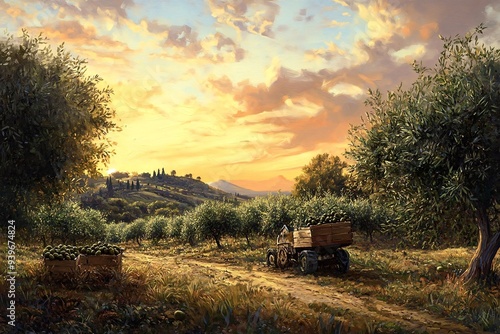 Olive harvest in tuscany with tractor full of olives at sunset