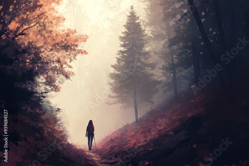 a misty autumn morning, a woman hikes up a mountain trail, her footsteps quiet on the damp earth, surrounded by towering trees illustration