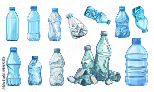 Crumpled plastic empty bottles set. Drinking water bottle big and small. Broken used crushed trash garbage. Waste environment conservation recycling design elements. Cartoon style isolated vector