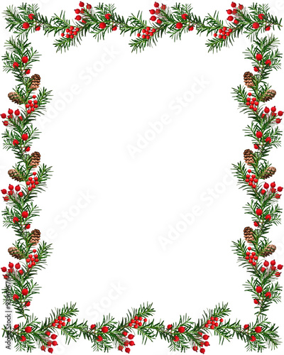 Festive Christmas frame. Coniferous branches are decorated with artificial red berries and cones. Frame isolated on white background, space for text, top view. Overlay background.