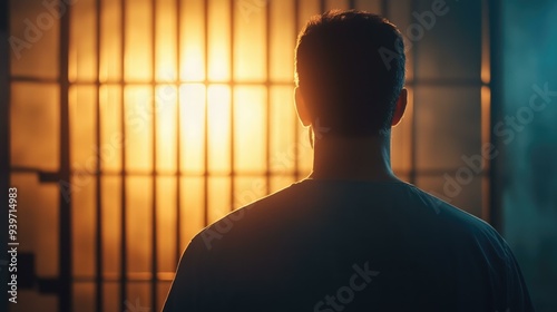 Man sentenced to life standing in front of prison bars with bright light in background