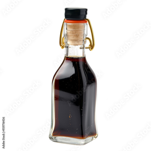 Small glass bottle with a cork stopper and a dark liquid inside.