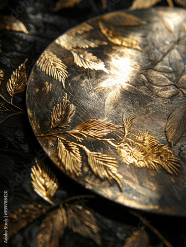 Gold plate with intricate leaf design.