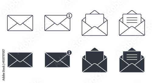 Vector icons letter mail. Check email, new message information. Email address, business correspondence and social media notification. Editable stroke thin line and black solid set.