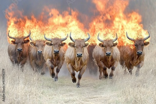 Fierce Cattle Stampede with Fire on Heads, Wild Bulls Running in Field