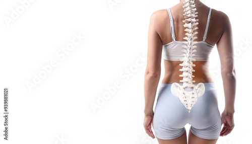 adult fit female with standing showing slight curvature scoliosis of the spine. Office syndrome and medical concept from sitting at a computer too long. isolated on white background with copy space