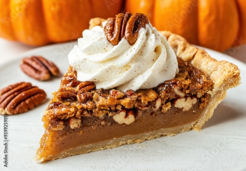 Delicious pumpkin pie with whipped cream and pecans