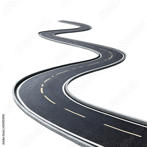 Abstract winding road, isolated on white background, highway symbol, long path concept, modern road image, curvy street design.