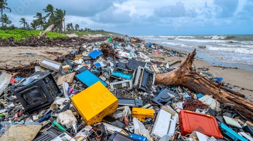 Polluted beach covered in discarded electronic waste, plastic, and other trash. Concept of environmental degradation, pollution, and need for sustainability