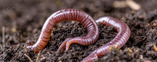 Close up of earthworms crawling in soil, concept of decomposition, soil health, and organic gardening