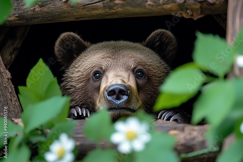 A bear emerging from hibernation in the spring, with fresh green leaves and flowers blooming around its den, symbolizing renewal