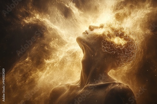 Ethereal digital art of a figure bathed in golden light symbolizing transcendence spiritual awakening and the cosmic energy that connects all existence