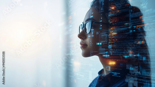 Female IT specialist learns to analyze code and data technology, cyber security, impact of artificial intelligence augmented reality, side profile, copy space. AI generation