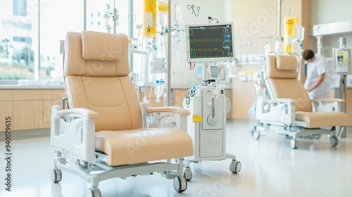 Empty Dialysis Chair: A sterile and modern dialysis center, bathed in natural light, awaits its next patient, highlighting the crucial role of healthcare technology. 