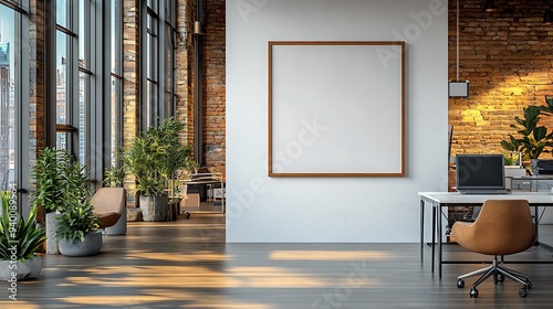  Colored office room interior with coworking space and window. Mockup frame 