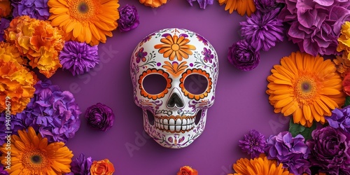 dia de los muertos festive sugar skull mask with dahlias, roses and orange marigolds on a purple background, flat lay photography