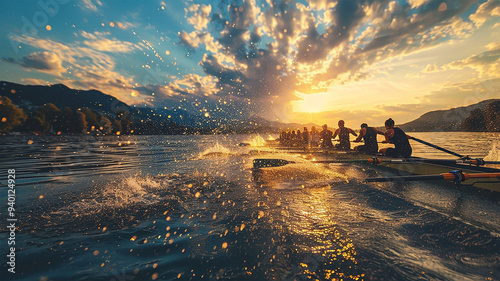 photo of a rowing team competing in a rowing event at the Olympics, synchronized strokes, water splashing, detailed boat and oars, beautiful lake scenery.