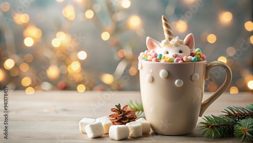 Unic holiday mug filled with hot cocoa and floating marshmallows, holiday, mug, hot cocoa, marshmallows, sweet treats