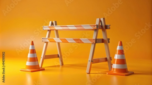 Traffic sawhorse barricade with traffic cones on orange background in 8k. render , traffic, sawhorse, barricade, cones, orange