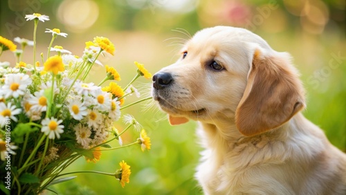 A small golden retriever labrador puppy smelling chamomile flowers near a bouquet of wildflowers , puppy, dog, golden retriever