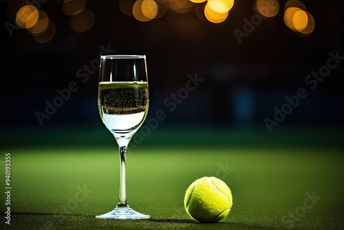 Tennis ball and wine glass, unconventional pairing in elegant setting, fused elements elevating the unexpected.