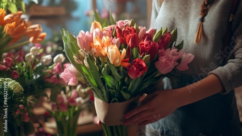 Florist with beautiful flowers in workshop. A flower arranger tidying up her bouquet. Flower arrangement.