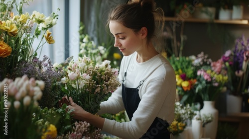 Florist with beautiful flowers in workshop. A flower arranger tidying up her bouquet. Flower arrangement.