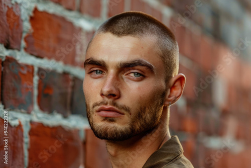 intense portrait of a young Caucasian man with a buzz cut posing thoughtfully against a textured brick wall background. 