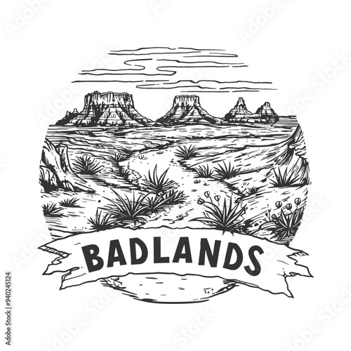 Badlands National Park, USA Illustration Clip Art Design Shape. Bison Animal Silhouette Icon Vector. 