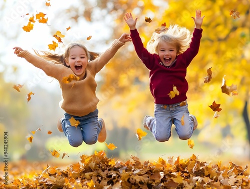 Two young children are jumping in the air and surrounded by falling leaves